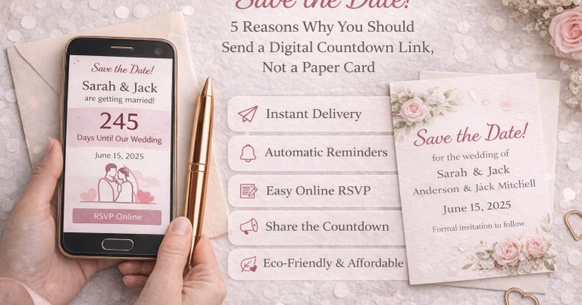 A digital save-the-date countdown link on a phone