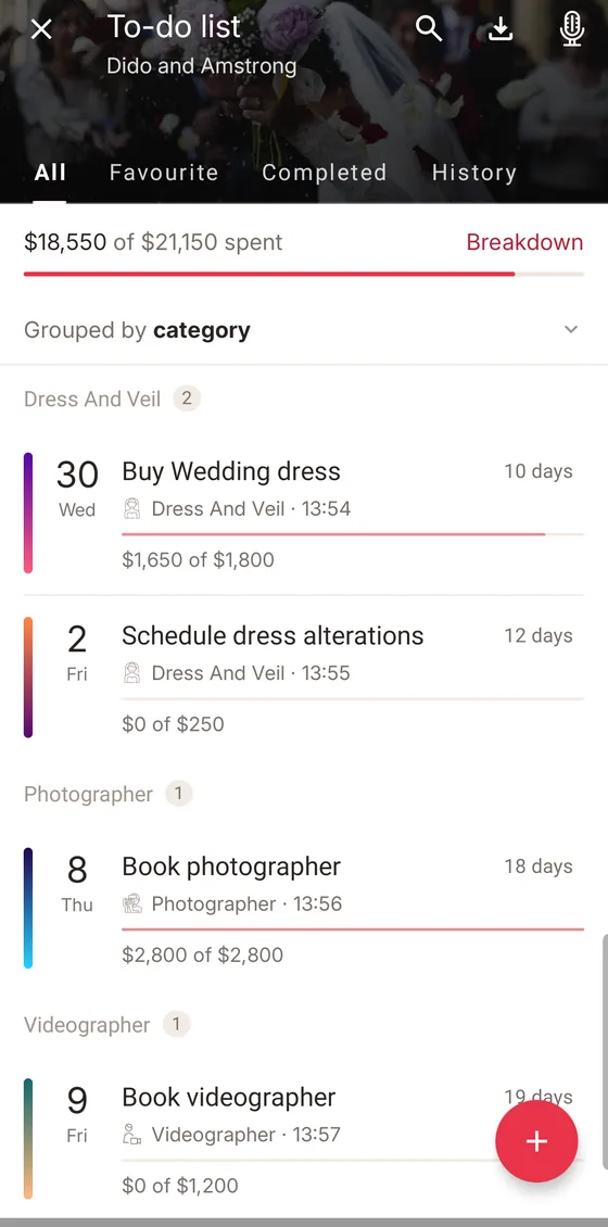 Wedding Countdown to-do list grouped by category, with tasks like buying the wedding dress and booking the photographer, each with its cost