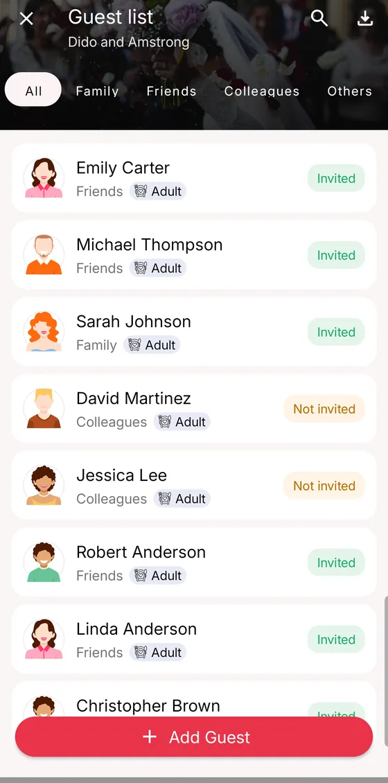 Wedding Countdown guest list with family, friends and colleagues tabs, each guest marked invited or not invited