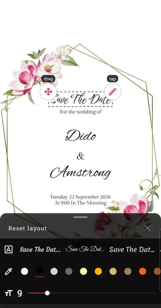 Wedding Countdown invitation card creator editing a floral save-the-date card, with font and color options
