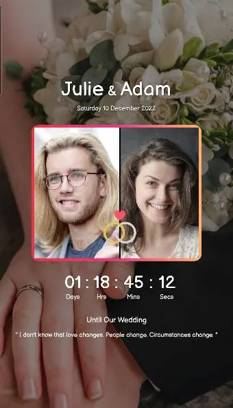 Blush floral wedding countdown theme with a split portrait and gold ring divider