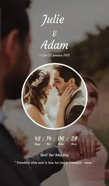 Dark romantic wedding countdown theme with a circular couple portrait and script names