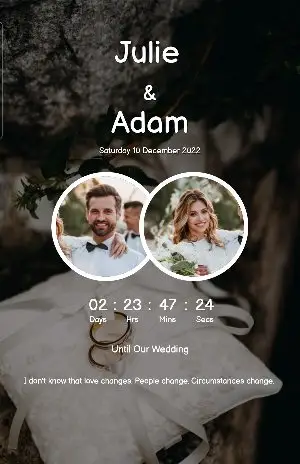 Dark greenery wedding countdown theme with twin circular portraits