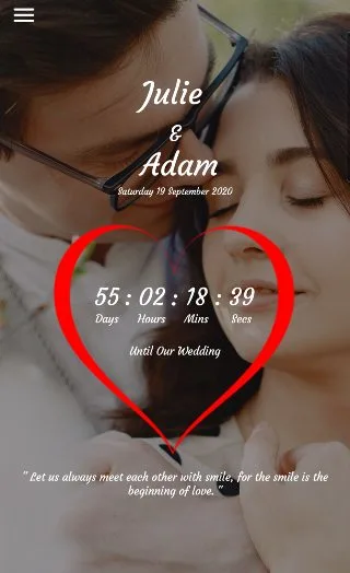 Wedding countdown theme with the timer inside a hand-drawn red heart over a couple photo
