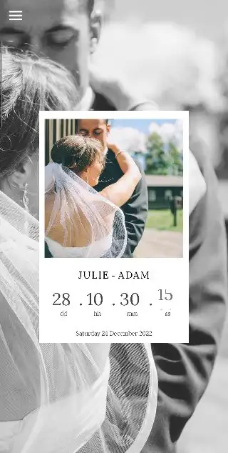 Minimal white card wedding countdown theme over a black and white veil photo